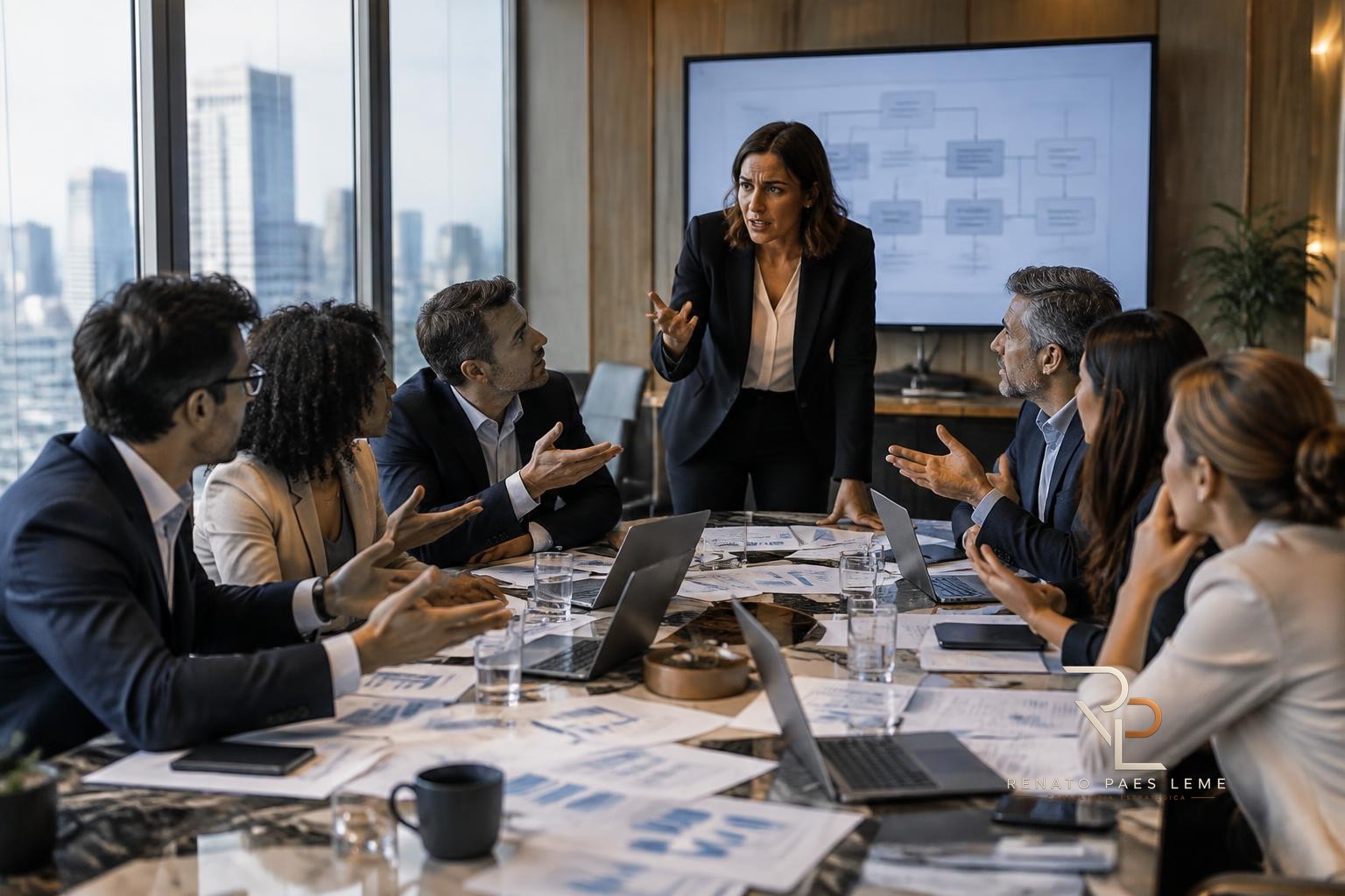 Mesa de trabalho com diagramas de processos corporativos sobrepostos a relatórios financeiros e anotações sobre fluxo de trabalho.