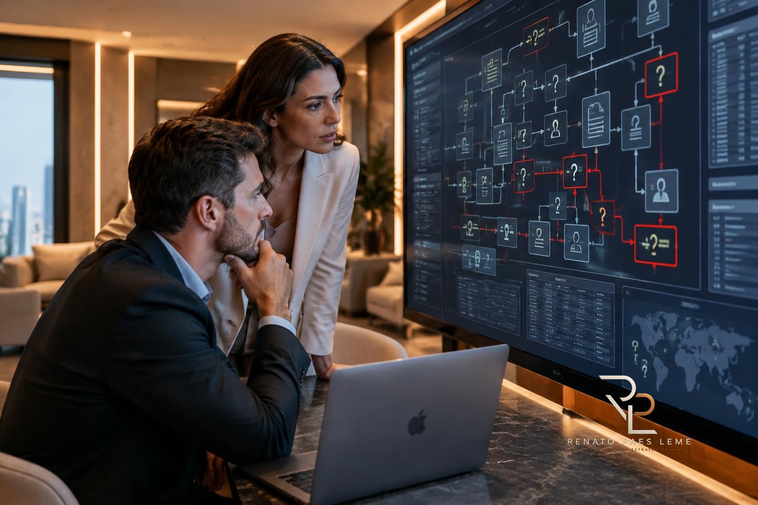 Painel de controle corporativo exibindo fluxogramas de processos, trilhas de auditoria e telas de monitoramento sobre uma mesa de trabalho.